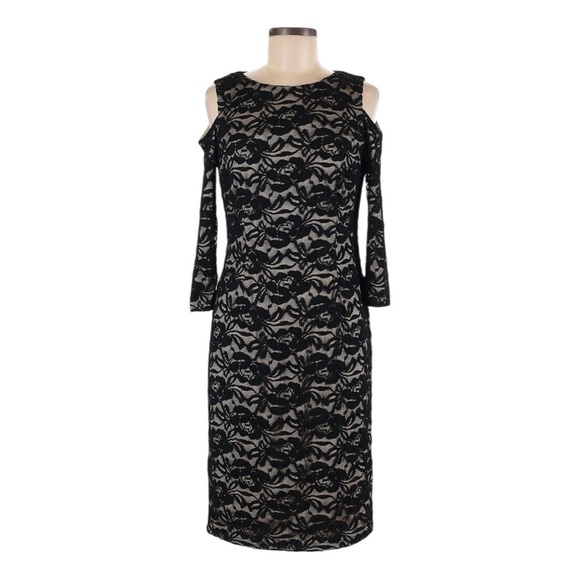 Eliza J NWT Black Lace Cold Shoulder Bodycon Midi Dress 6 Feminine Cocktail LBD - Picture 2 of 8
